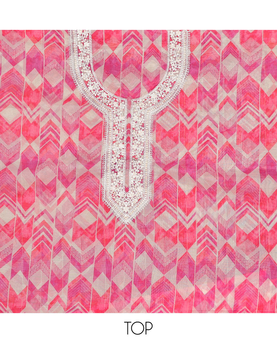 Pink chudidhar material set, geometric printed & embroidered top, plain bottom & scallop embroidered dupatta