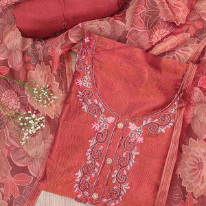 Red chudidhar material set, embroidered top, plain bottom & floral printed dupatta