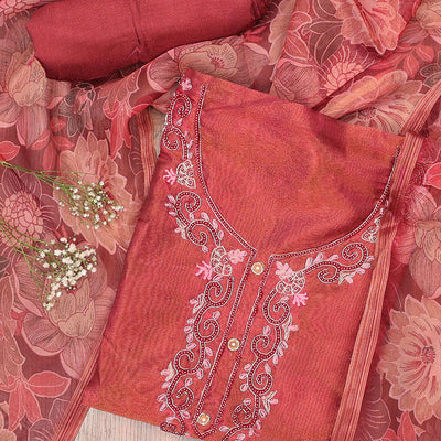 Red chudidhar material set, embroidered top, plain bottom & floral printed dupatta