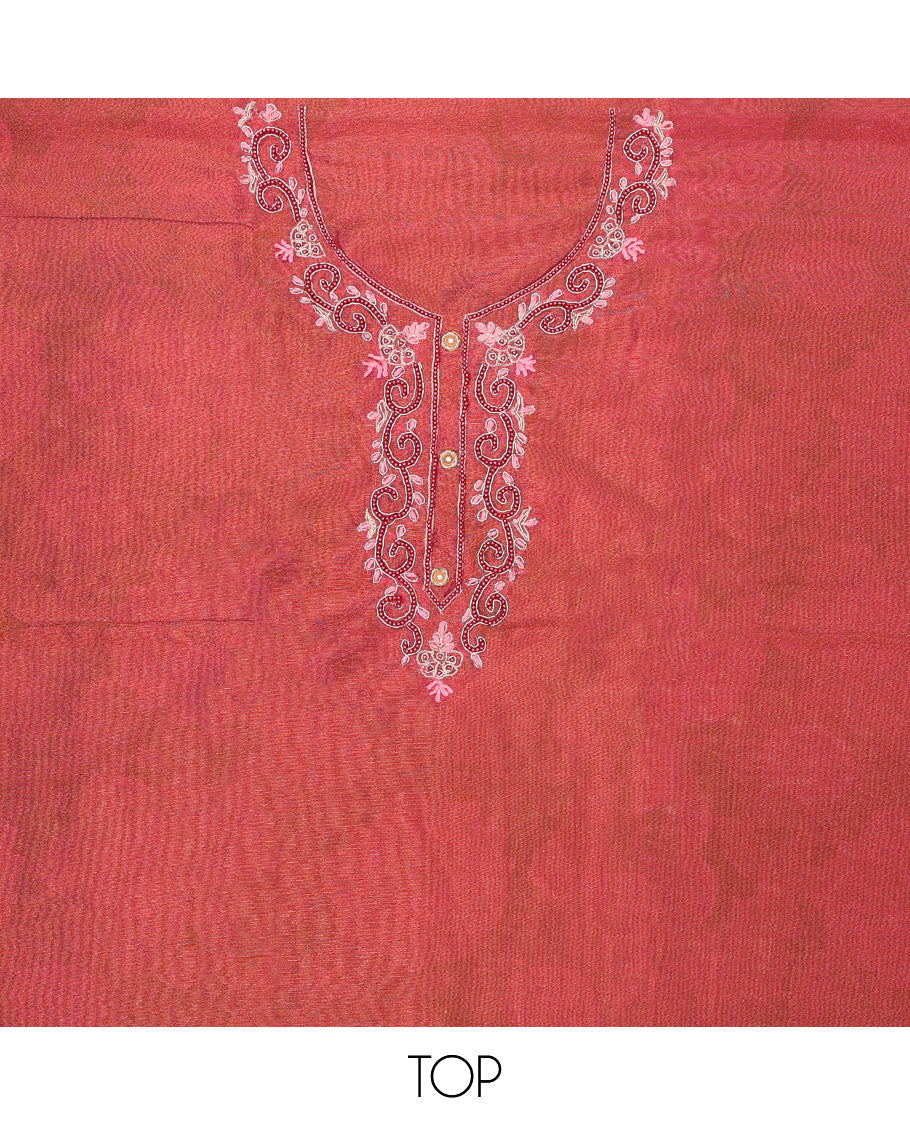 Red chudidhar material set, embroidered top, plain bottom & floral printed dupatta