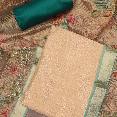 Sandal chudidhar material set, embroidered tissue top, contrast plain bottom & floral printed dupatta