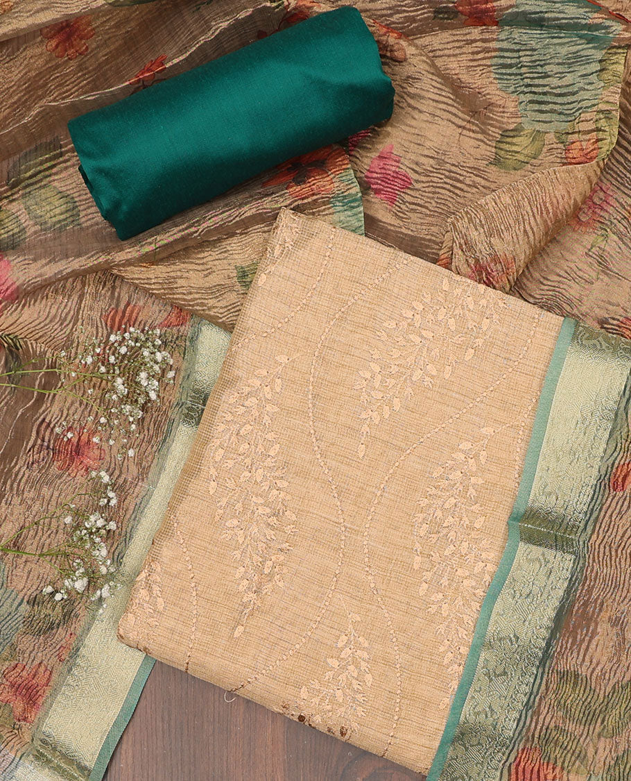 Sandal chudidhar material set, embroidered tissue top, contrast plain bottom & floral printed dupatta