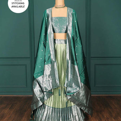 Green jacquard art-silk half-saree, contrast traditional zari design border, jacquard blouse & intricate dupatta