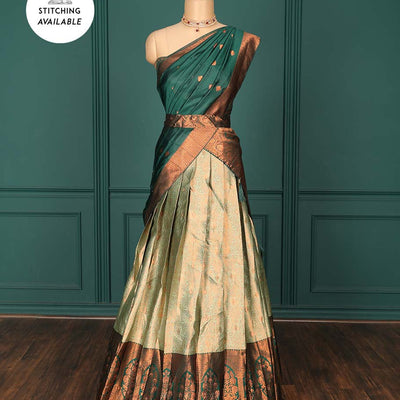 Green jacquard art-silk half-saree, contrast jacquard blouse, traditional design border & intricate dupatta
