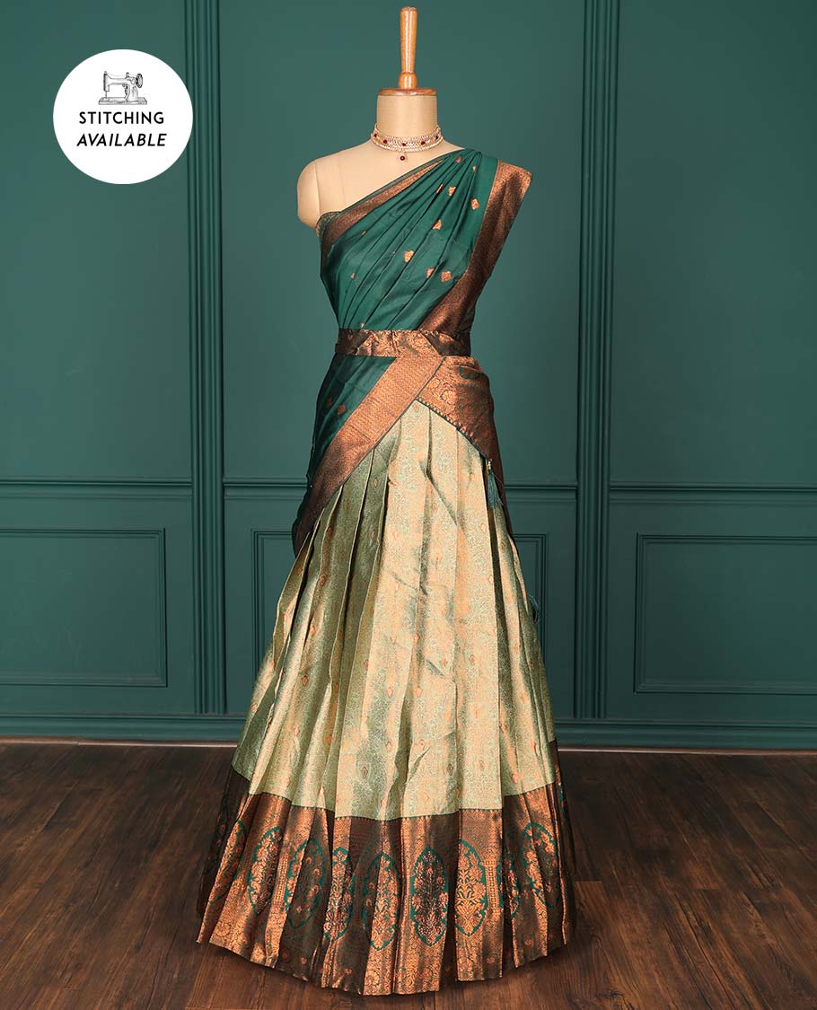 Green jacquard art-silk half-saree, contrast jacquard blouse, traditional design border & intricate dupatta