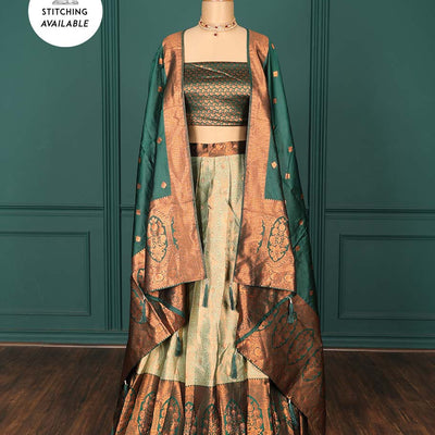 Green jacquard art-silk half-saree, contrast jacquard blouse, traditional design border & intricate dupatta