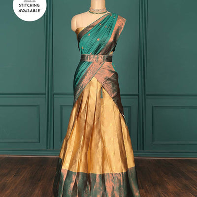 Gold jacquard  art-silk half-saree, contrast zari design blouse, traditional design border & intricate dupatta