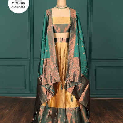 Gold jacquard  art-silk half-saree, contrast zari design blouse, traditional design border & intricate dupatta