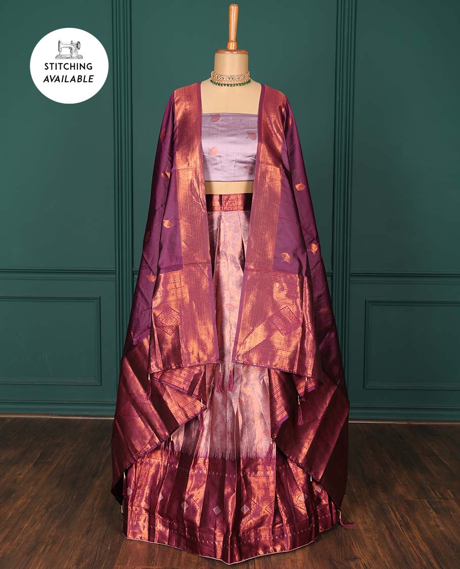 Pink jacquard art-silk half-saree, zari design blouse, contrast traditional design border & intricate dupatta