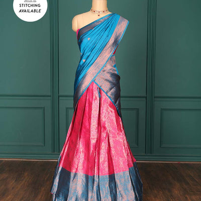 Pink jacquard art-silk half-saree, zari design blouse, contrast traditional design border & intricate dupatta