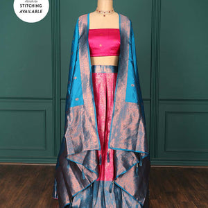 Pink jacquard art-silk half-saree, zari design blouse, contrast traditional design border & intricate dupatta