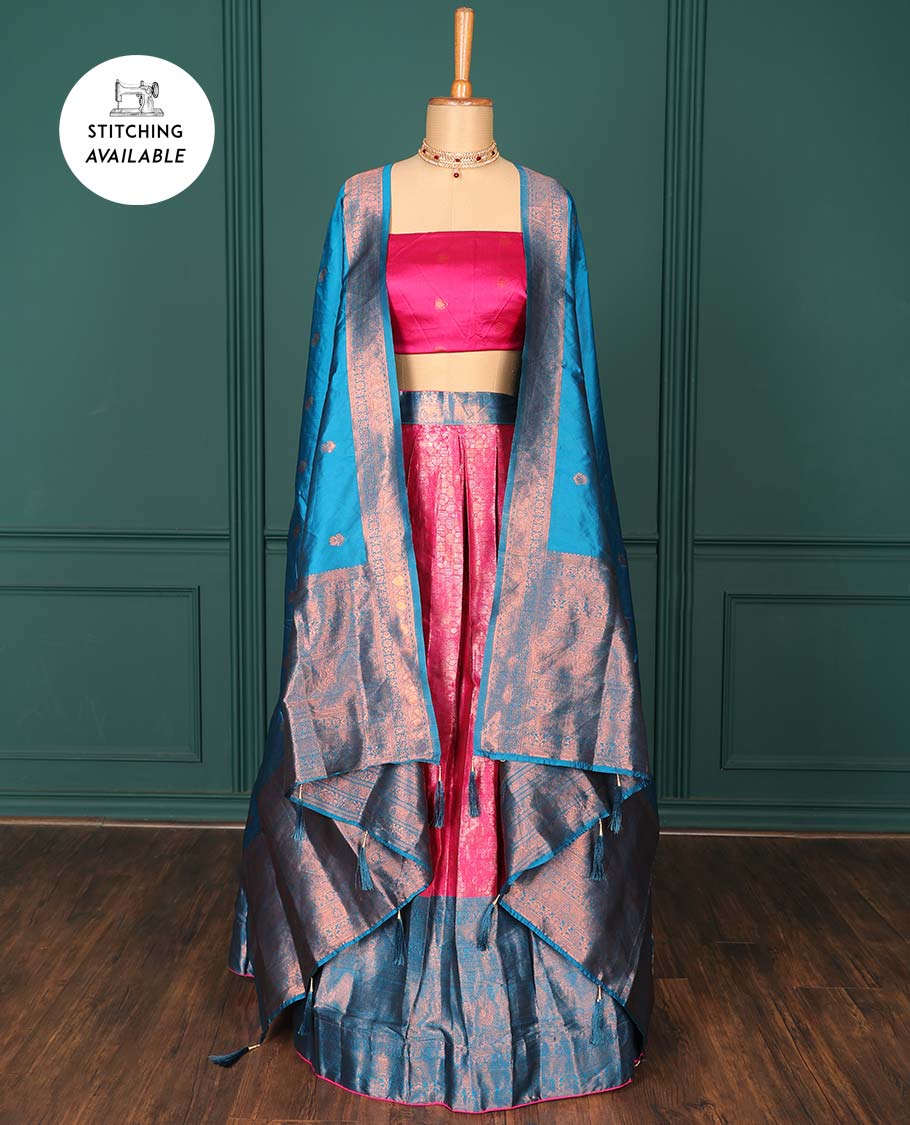 Pink jacquard art-silk half-saree, zari design blouse, contrast traditional design border & intricate dupatta