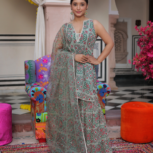 Mint Breeze Printed Georgette Sharara Set