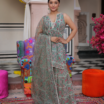 Mint Breeze Printed Georgette Sharara Set