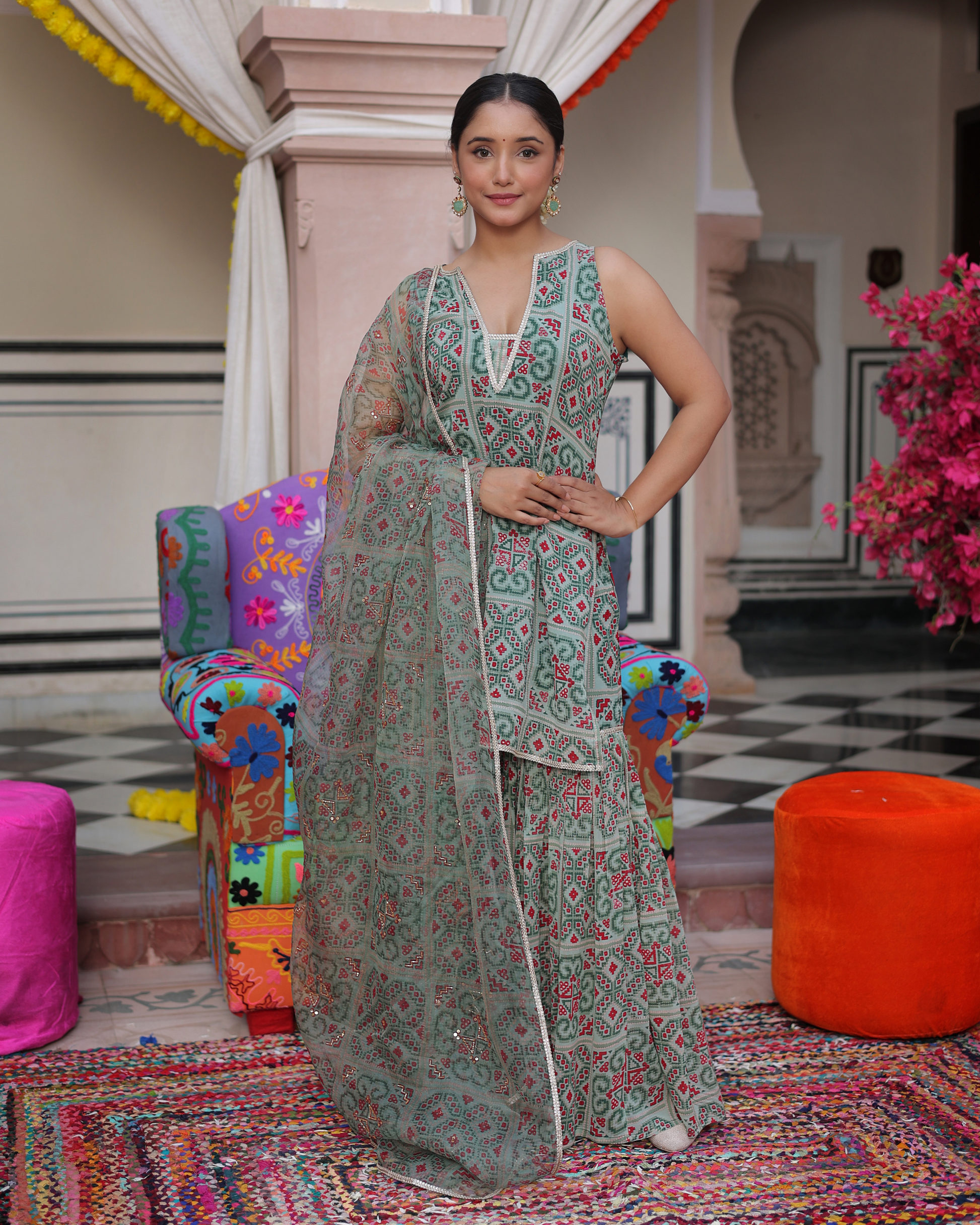 Mint Breeze Printed Georgette Sharara Set