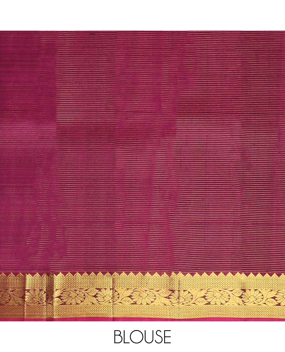 Purple zari striped silksaree, contrast floral jaal pallu & border of rekku,vanki,kodi visiry & tree designs