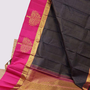 Purple zari striped silksaree, contrast floral jaal pallu & border of rekku,vanki,kodi visiry & tree designs