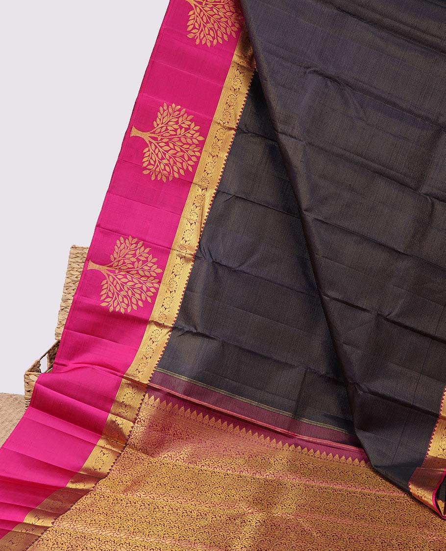Purple zari striped silksaree, contrast floral jaal pallu & border of rekku,vanki,kodi visiry & tree designs