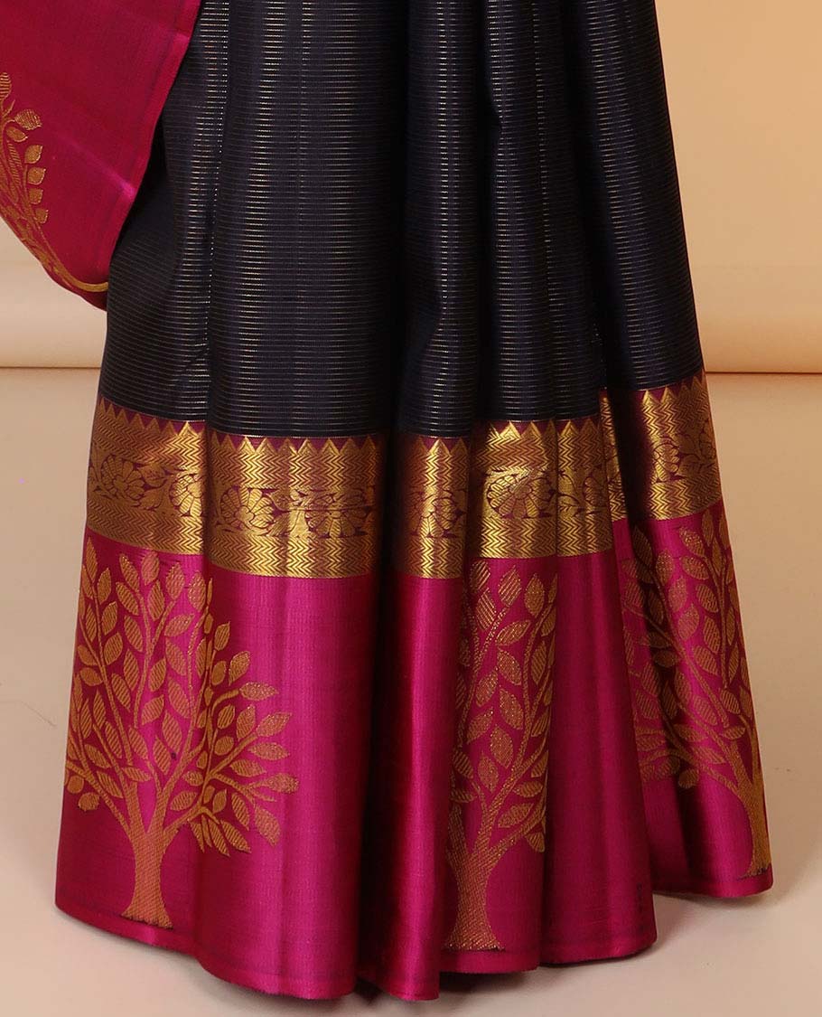 Purple zari striped silksaree, contrast floral jaal pallu & border of rekku,vanki,kodi visiry & tree designs