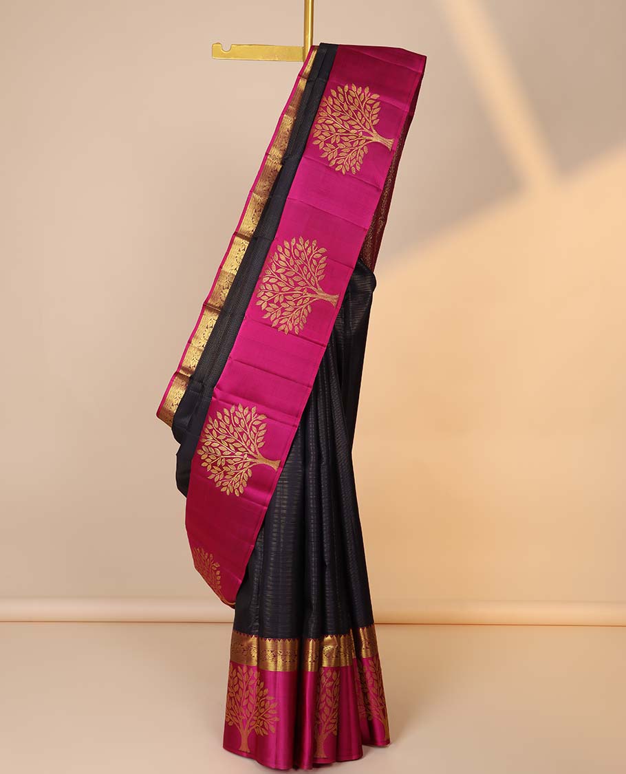 Purple zari striped silksaree, contrast floral jaal pallu & border of rekku,vanki,kodi visiry & tree designs