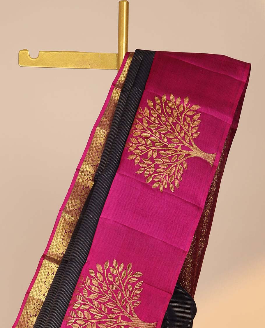 Purple zari striped silksaree, contrast floral jaal pallu & border of rekku,vanki,kodi visiry & tree designs