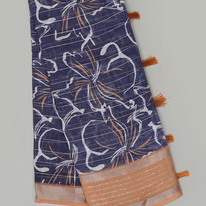 Blue striped & floral printed & sequins linen saree, contrast sequins striped border