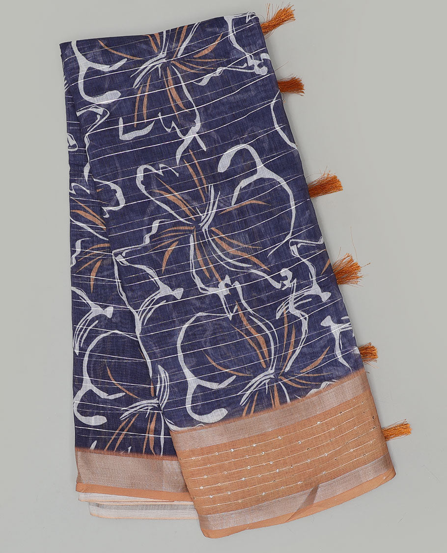 Blue striped & floral printed & sequins linen saree, contrast sequins striped border