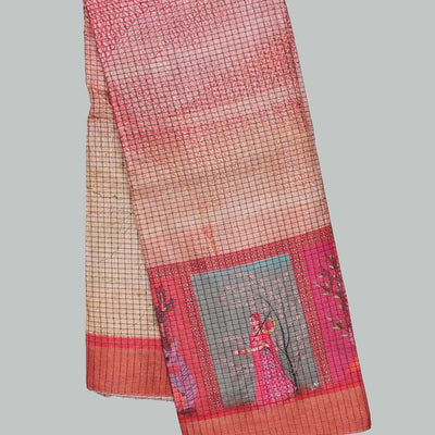 Multi-color-checked semi-banaras linen saree with human motifs print, striped border