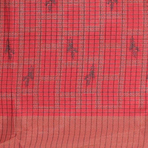 Multi-color-checked semi-banaras linen saree with human motifs print, striped border
