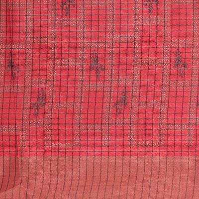 Multi-color-checked semi-banaras linen saree with human motifs print, striped border