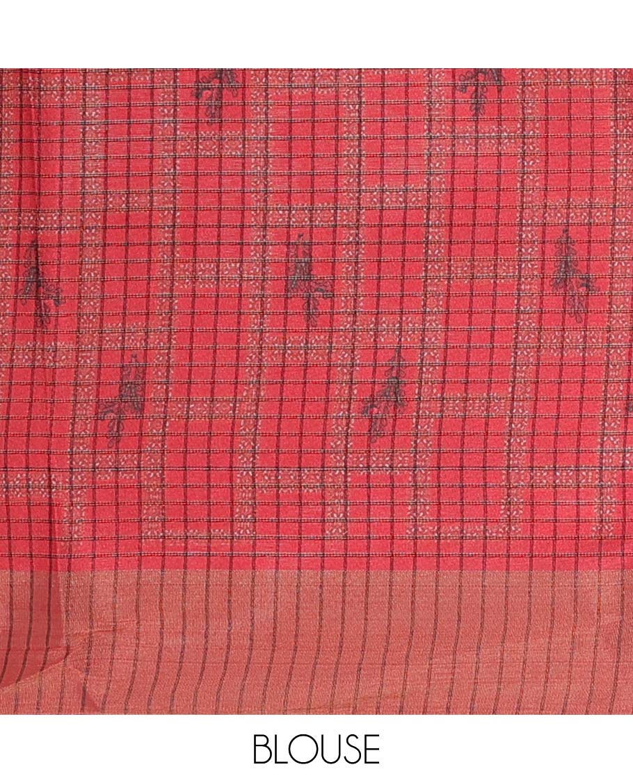 Multi-color-checked semi-banaras linen saree with human motifs print, striped border