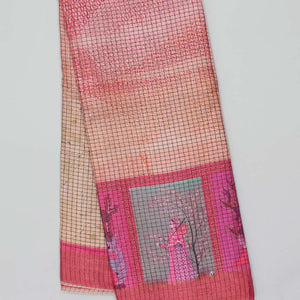 Multi-color-checked semi-banaras linen saree with human motifs print, striped border