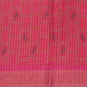 Multi-color-checked semi-banaras linen saree with human motifs print, striped border