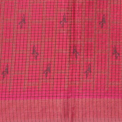 Multi-color-checked semi-banaras linen saree with human motifs print, striped border