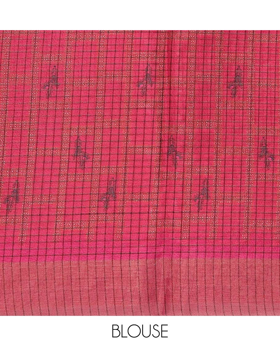 Multi-color-checked semi-banaras linen saree with human motifs print, striped border
