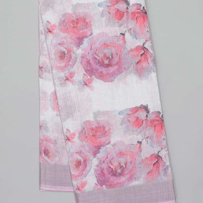 Off-white floral printed semi-banaras linen saree, plain border