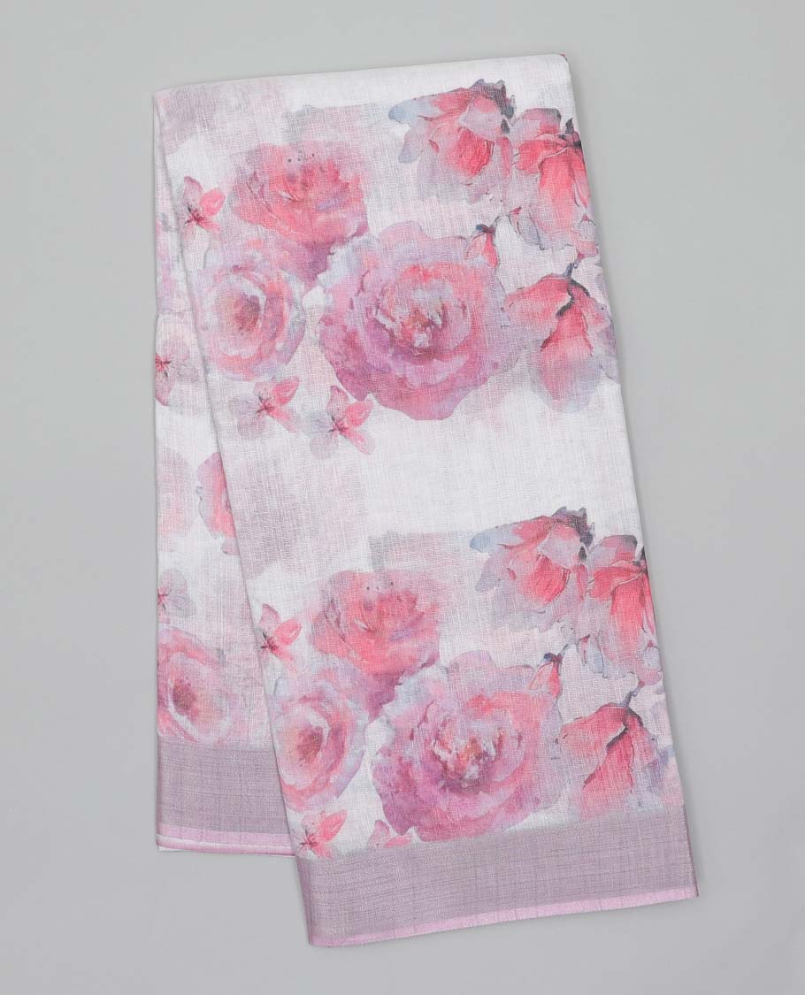 Off-white floral printed semi-banaras linen saree, plain border