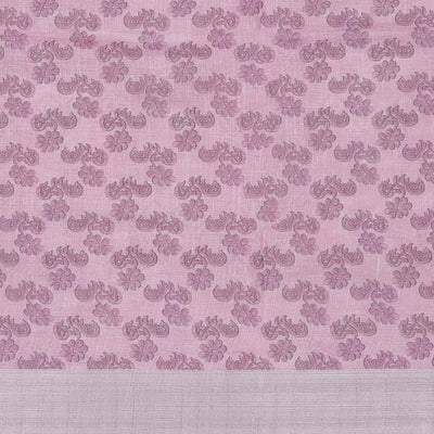Off-white floral printed semi-banaras linen saree, plain border