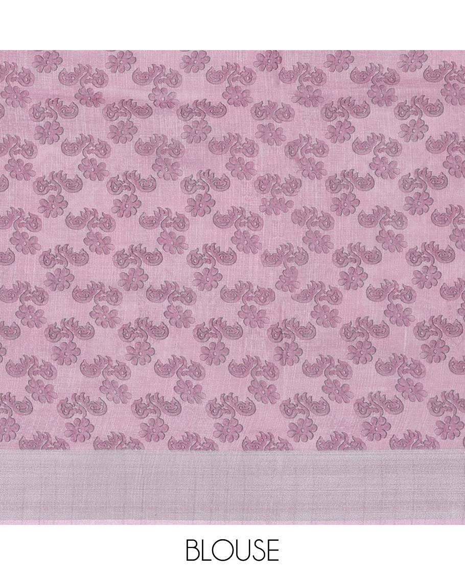 Off-white floral printed semi-banaras linen saree, plain border