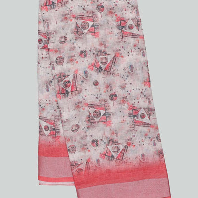 Grey unique motifs printed semi-banaras linen saree, contrast border