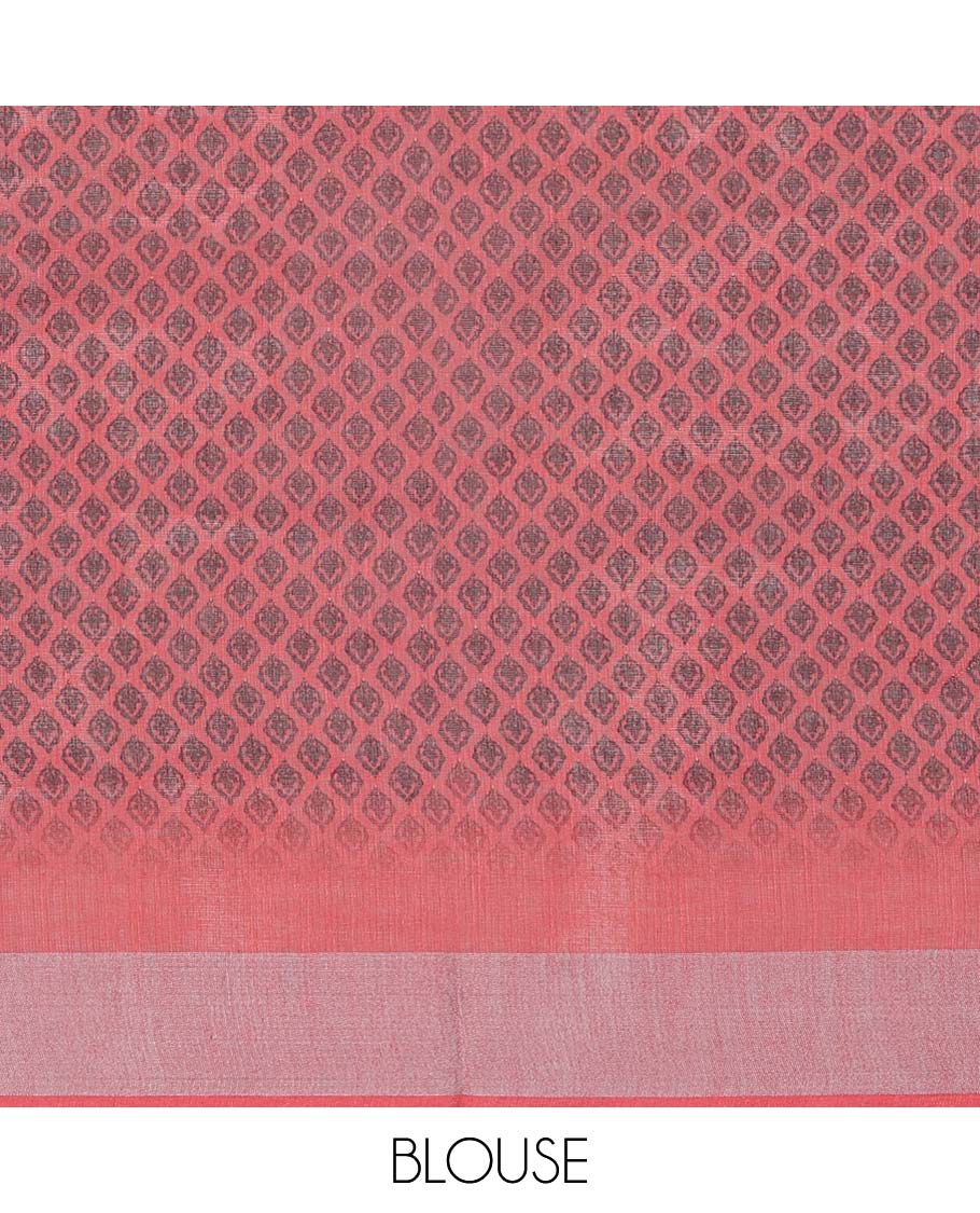 Grey unique motifs printed semi-banaras linen saree, contrast border