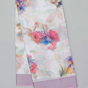 Cream colorful floral printed semi-banaras linen saree, contrast border