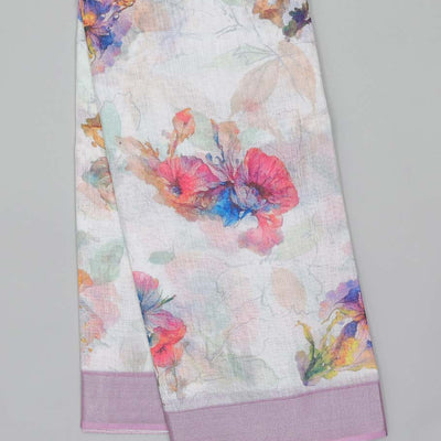 Cream colorful floral printed semi-banaras linen saree, contrast border