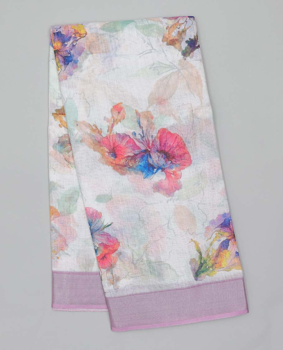 Cream colorful floral printed semi-banaras linen saree, contrast border