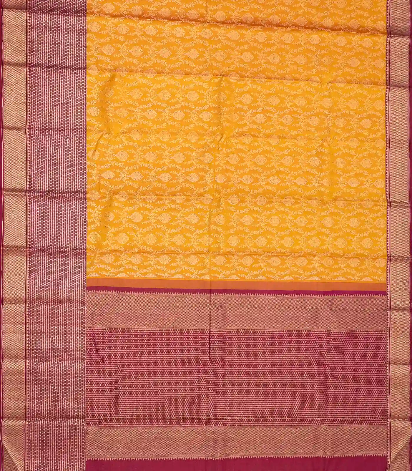 Mango Yellow Handloom Kanchipuram Silk Saree With Meena Floral Motifs