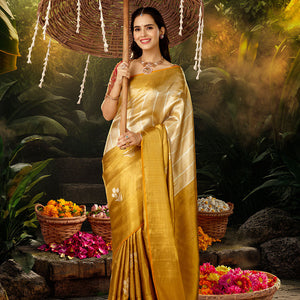 Gold jacquard silk saree, contrast intricate pallu & zari highlighted border steeped with traditional designs