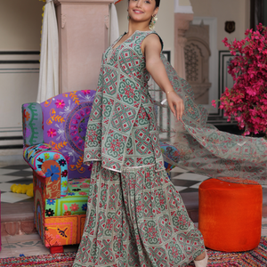 Mint Breeze Printed Georgette Sharara Set