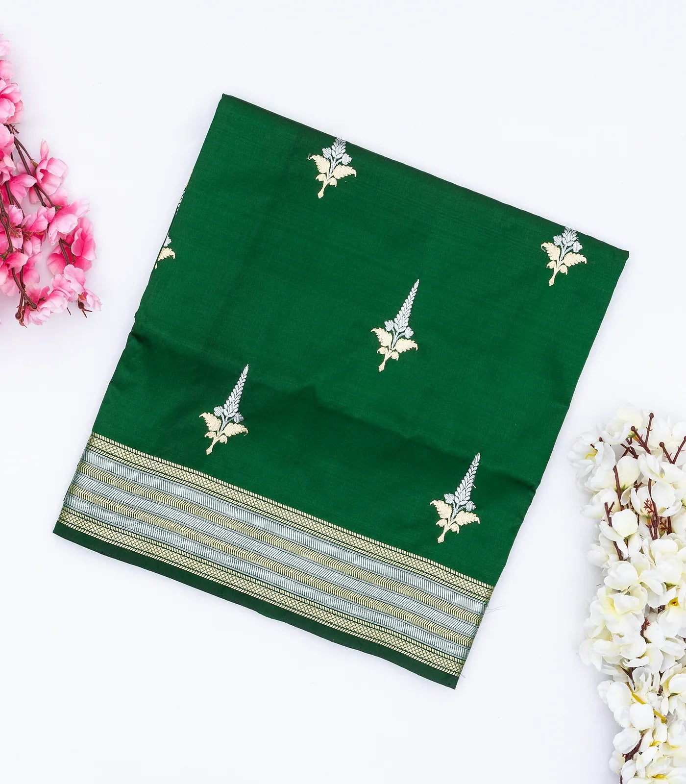 Dark Green Handloom Banarasi Silk Saree With Floral Buttas