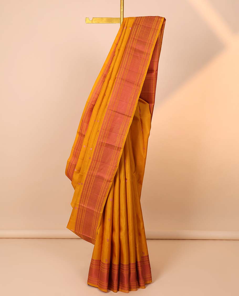 Yellow mayil chakram kanchipuram silk saree, jaal pallu & border of thilakam,banaras,muthu,ara bogudi,poun & vanki