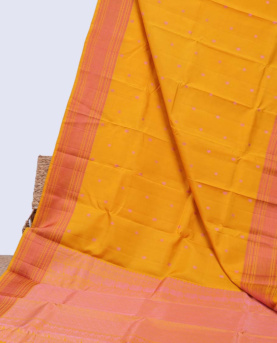 Yellow mayil chakram kanchipuram silk saree, jaal pallu & border of thilakam,banaras,muthu,ara bogudi,poun & vanki